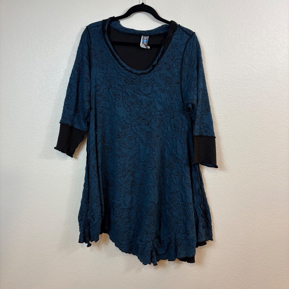 Noblu Tunic Top Women Medium Teal Quilted Embroidered Lagenlook Granola Artsy
